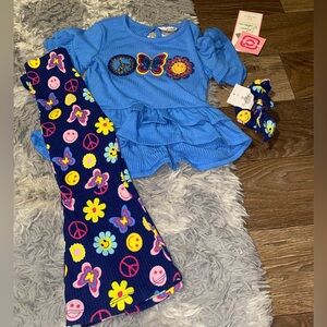 Blue Ruffle Top and Colorful Patterned Pants Set